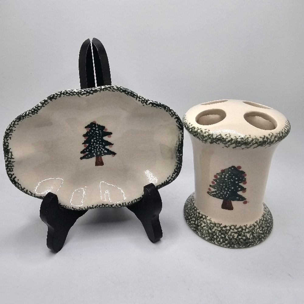 Vintage Primitive Spongeware Holiday Tree Ceramic Soap Dish and Toothbrus Holder